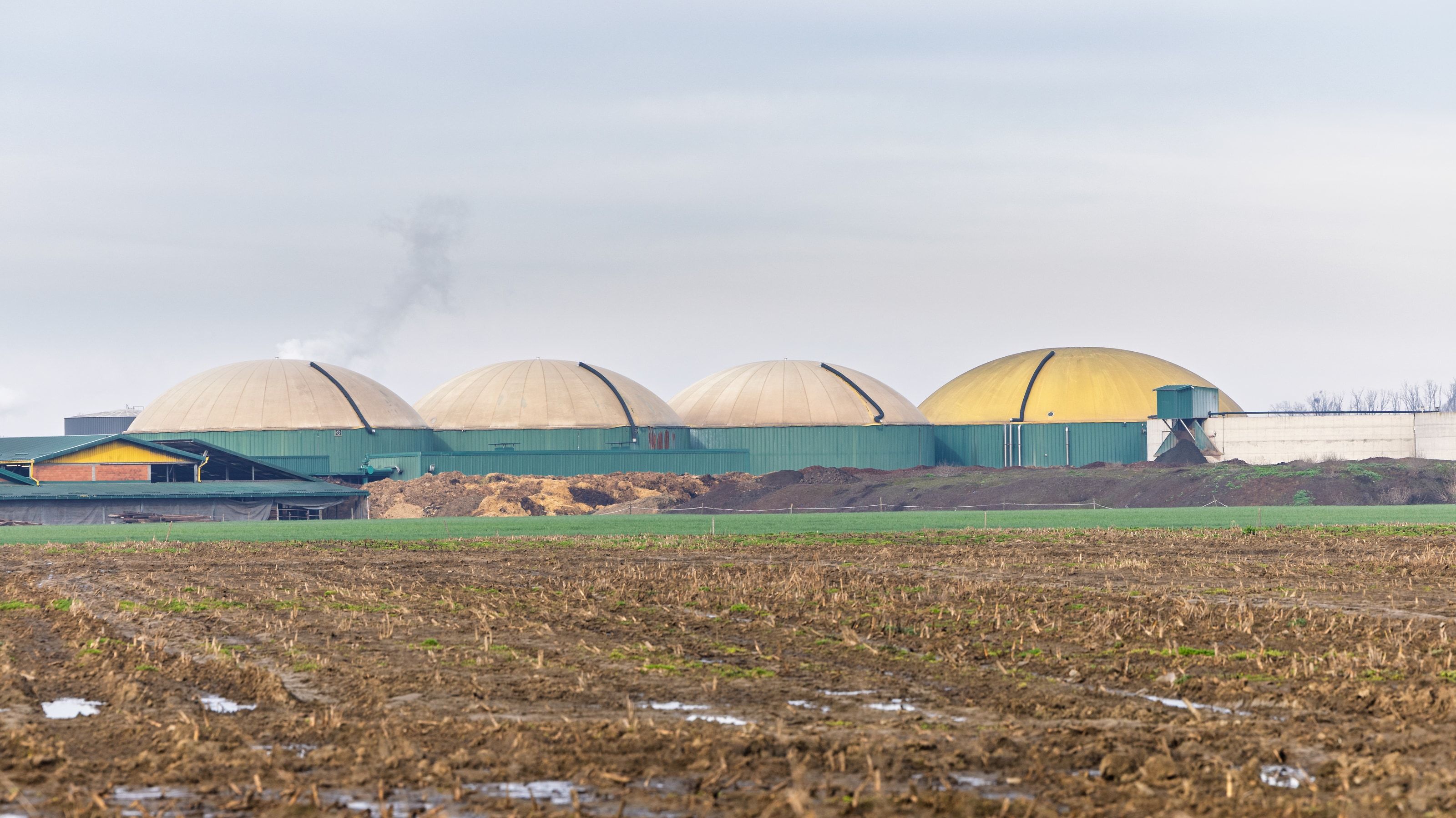Planta de biometano con digestores en un entorno agrícola